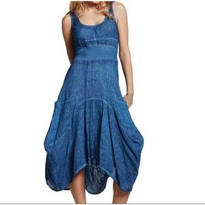 Inzio Magic Denim Pocket Dress Lagenlook Asymmetrical Sleeveless SZ LG